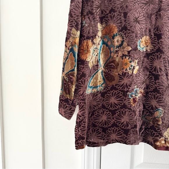 Citron Brown Velvet Butterfly Mandarin Collar Neck Button Up Blouse Small Asian - Picture 9 of 12